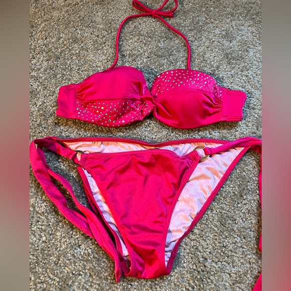 Bright pink rhinestone Victorias Secret bikini. Medium bottom. 32B Top like new. - Picture 1 of 5
